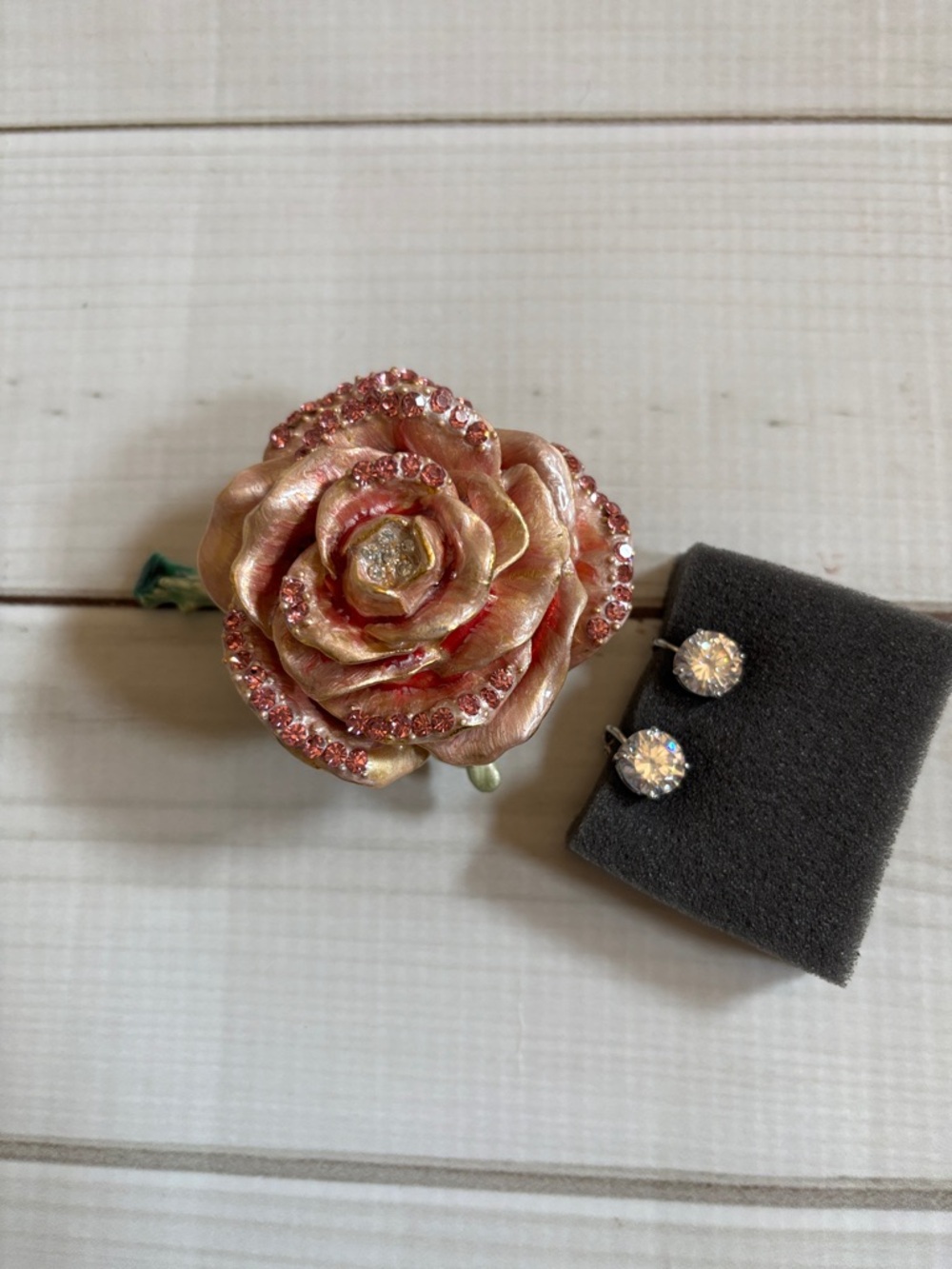 Joan Boyce Rose Trinket and Crystal Clipped Earring Set